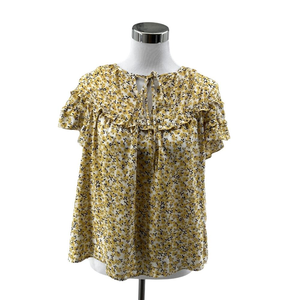 Max Studio Blouse Top Women S Yellow Floral Round Neck Drawstring Flutter Sleeve